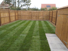 Load image into Gallery viewer, An after photo of completed turf laying job in back garden transformed by freshly laid, premium green turf in a Newcastle residential property.
